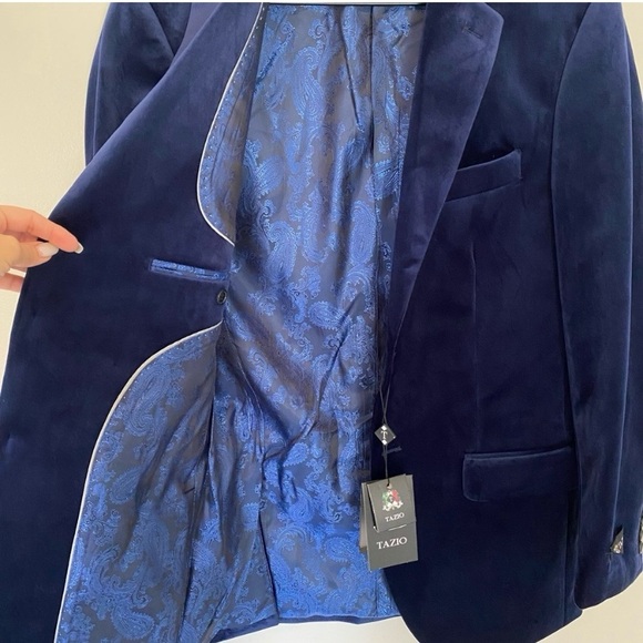 NWT Tazio Navy Velvet Notch Lapel Tuxedo Jacket Blazer Fully Lined size 38 - Picture 7 of 12